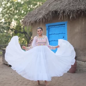 White Kutchi Gamthi Work Navaratri Gown